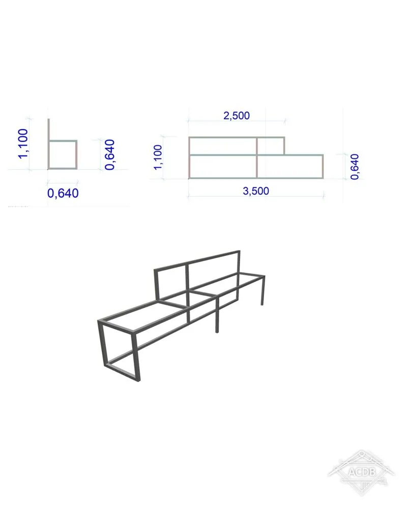 Plan 3D coté du comptoir d'accueil : 3,50 m de long, deux hauteurs